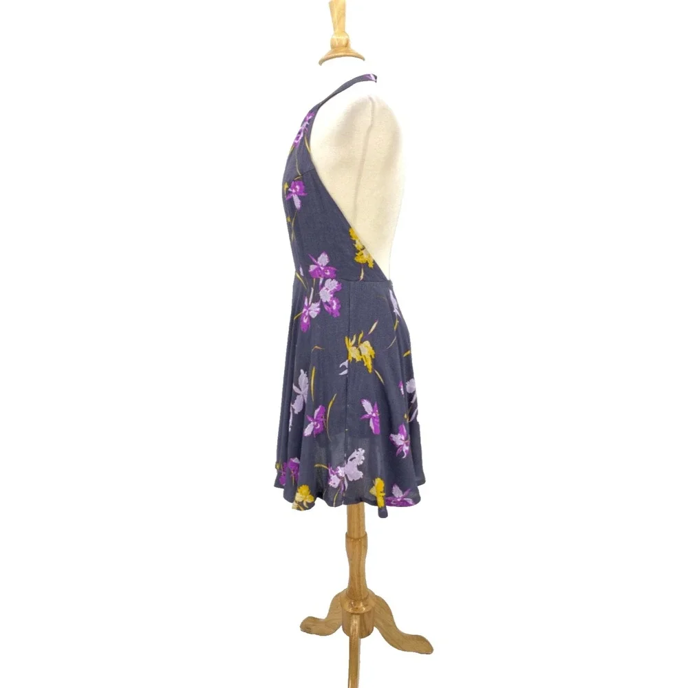 Free People Halter Swing Dress size 6 Gray Viscose Floral purple yellow - Picture 2 of 12